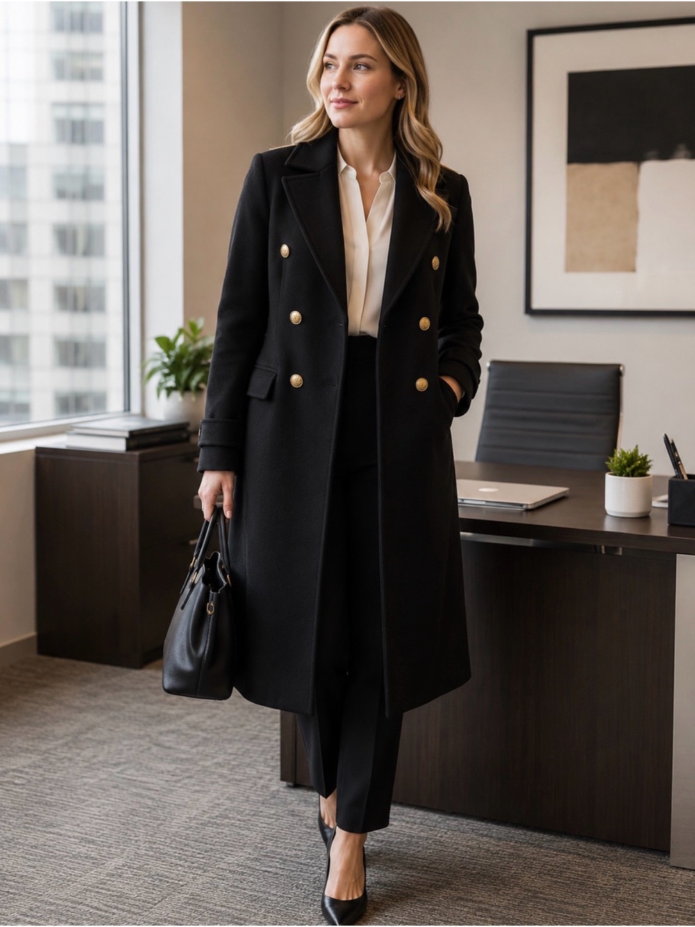 Express Black Single-Breasted Coat Large